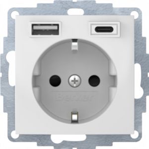 B.x Gniazdo SCHUKO z ładowarką USB A+C 2.4/3.0A samozaciski biały połysk HAGER (48048989)