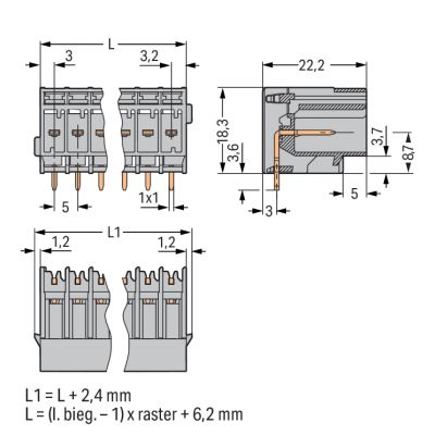 X-COM gniazdo pinowe 2-torowe szare raster 5 mm (769-662)