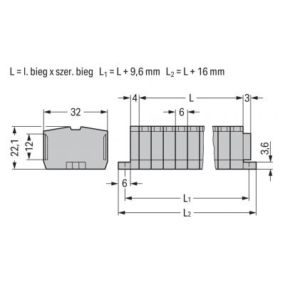 Listwa zaciskowa 2-przewodowa 2,5mm2 2-torowa szara z mocowaniem śrubowym 264-102 /100szt./ WAGO (264-102)