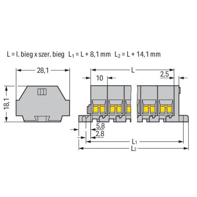 Listwa zaciskowa 4-przewodowa 2,5mm2 2-torowa szara z mocowaniem śrubowym 261-202 /100szt./ WAGO (261-202)