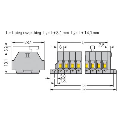 listwa zaciskowa 2-przewodowa 2,5mm2 2-torowa szara z mocowaniem śrubowym (261-102/331-000)