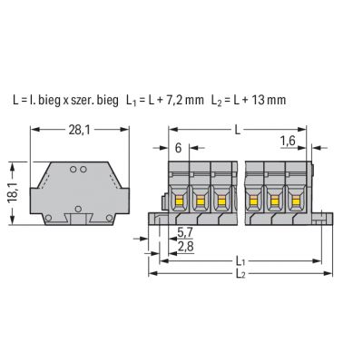 Listwa zaciskowa 2-przewodowa 2,5mm2 2-torowa szara z mocowaniem śrubowym 261-422 /100szt./ WAGO (261-422)