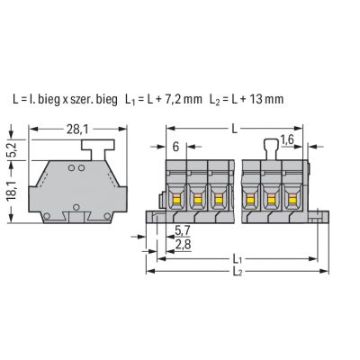 Listwa zaciskowa 2-przewodowa 2,5mm2 3-torowa szara z mocowaniem śrubowym 261-423/331-000 /100szt./ WAGO (261-423/331-000)