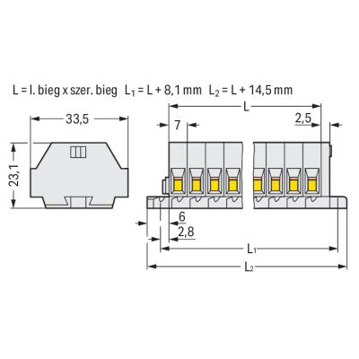 Listwa zaciskowa 2-przewodowa Ex 4mm2 3-torowa jasnoszara mocowanie śrubowe 262-133 /100szt./ WAGO (262-133)