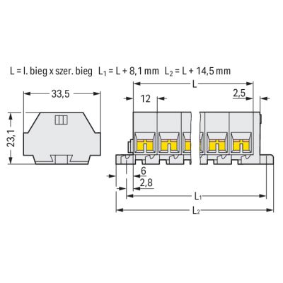 Listwa zaciskowa 4-przewod. Ex 4mm2 3-torowa jasnoszara mocowanie śrubowe 262-233 /100szt./ WAGO (262-233)