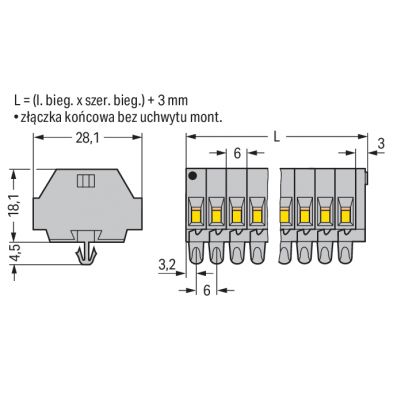 Listwa zaciskowa 2-przewodowa 2,5mm2 6-torowa szara stopki montażowe 261-156 /50szt./ WAGO (261-156)