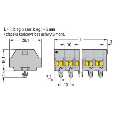 Listwa zaciskowa 4-przewodowa 2,5mm2 3-torowa szara stopki montażowe 261-253 /100szt./ WAGO (261-253)