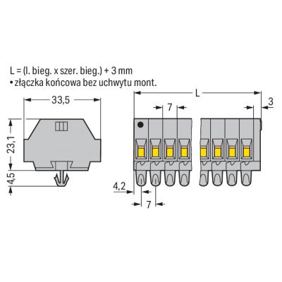 Listwa zaciskowa 2-przewodowa 4mm2 3-torowa szara stopki montażowe 262-153 /100szt./ WAGO (262-153)
