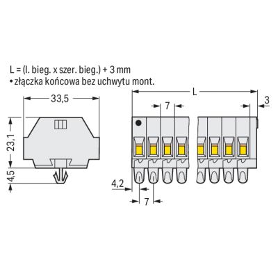 Listwa zaciskowa 2-przewodowa Ex 4mm2 2-torowa jasnoszara stopki montażowe 262-182 /100szt./ WAGO (262-182)