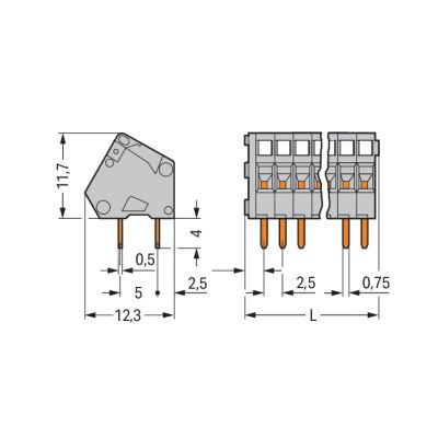 Listwa zaciskowa do płytek drukowanych 2-biegunowa szara raster 2,5mm 233-102 /100szt./ WAGO (233-102)