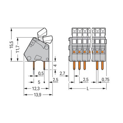 Listwa zaciskowa do płytek drukowanych 5-biegunowa szara raster 2,5mm 233-205 /85szt./ WAGO (233-205)