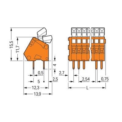 Listwa zaciskowa do płytek drukowanych 2-torowa 2 piny/biegun raster 2,54mm z przyciskami pomarańczowa 233-502 WAGO (233-502)