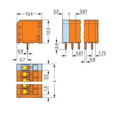 Listwa zaciskowa do płytek drukowanych 3-biegunowa pomarańczowa raster 3,81mm 739-333 /90szt./ WAGO (739-333)