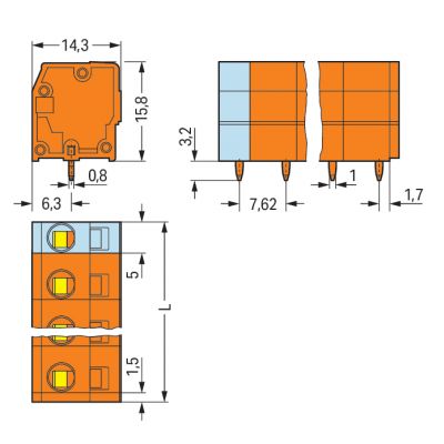 Listwa zaciskowa do płytek drukowanych 3-biegunowa pomarańczowa raster 7,62mm 739-233 /55szt./ WAGO (739-233)