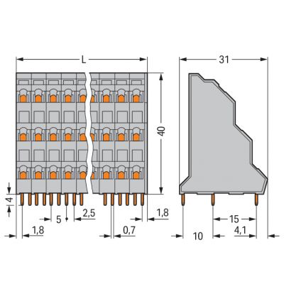 Listwa do płytek drukowanych 3-piętrowa 6-biegunowa szara raster 5mm 737-206 /32szt./ WAGO (737-206)