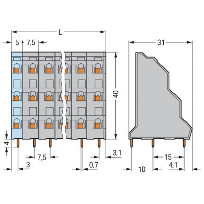 Listwa do płytek drukowanych 3-piętrowa 2-biegunowa szara raster 7,5mm 737-502 /76szt./ WAGO (737-502)