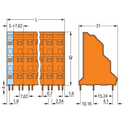 Listwa do płytek drukowanych 3-piętrowa 4-biegunowa pomarańczowa raster 7,62mm 737-654 /36szt./ WAGO (737-654)