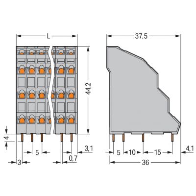 Listwa do płytek drukowanych 4-piętrowa 4x2 biegunowa szara raster 5mm 738-102 /72szt./ WAGO (738-102)