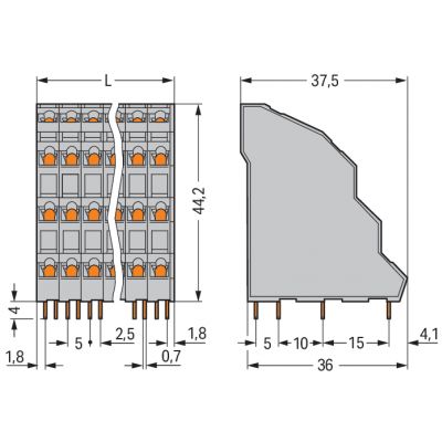 Listwa do płytek drukowanych 4-piętrowa 4x2 biegunowa szara raster 5mm 738-202 /72szt./ WAGO (738-202)