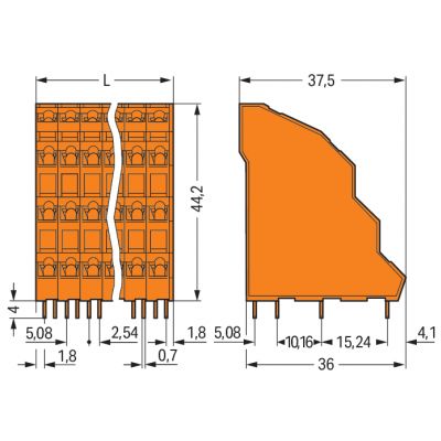 Listwa do płytek drukowanych 4-piętrowa 4x4 biegunowa pomarańczowa raster 5,08mm 738-404 /36szt./ WAGO (738-404)