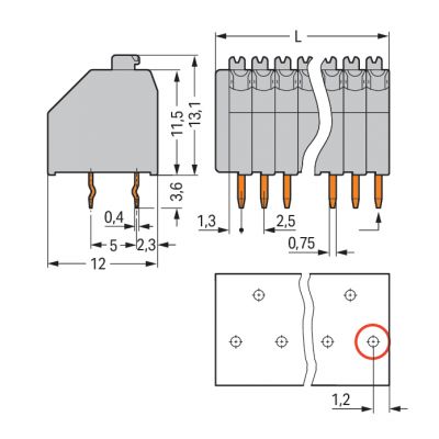 Listwa zaciskowa do płytek drukowanych 2-biegunowa szara raster 2,5mm 250-402 /180szt./ WAGO (250-402)