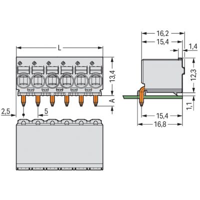 Gniazdo picoMAXeCOM raster 5mm 2-biegunowe z kątowymi pinami lutowniczymi z płytką 2092-1352 /100szt./ WAGO (2092-1352)