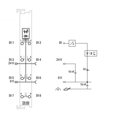 Moduł wejść dwustanowych 8-kanałowy 24V DC EX/T 3,0 ms sterowanie plusem podłączenie 1-przewodowe 750-430/025-000 WAGO (750-430/025-000)