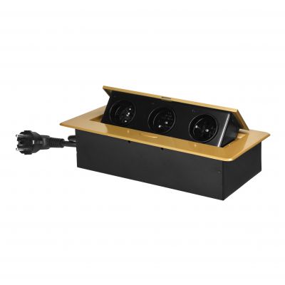 Gniazdo meblowe wpuszczane w blat z płaskim frezowanym rantem i przewodem 1,5m, 3x2P+Z, złote (OR-GM-9033/C)