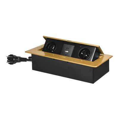 Gniazda meblowe wpuszczane w blat z płaskim frezowanym rantem, ładowarką USB i przewodem 1,5m, 2x2P+ (OR-GM-9035/C)