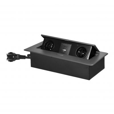 Gniazda meblowe wpuszczane w blat z płaskim frezowanym rantem, ładowarką USB i przewodem 1,5m, 2x2P+ (OR-GM-9035/GR)