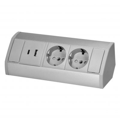 Gniazdo meblowe 2x2P+Z (Schuko), 2xUSB (typ A+C; 2,4A), szaro-srebrne (OR-GM-9039(GS)/G)