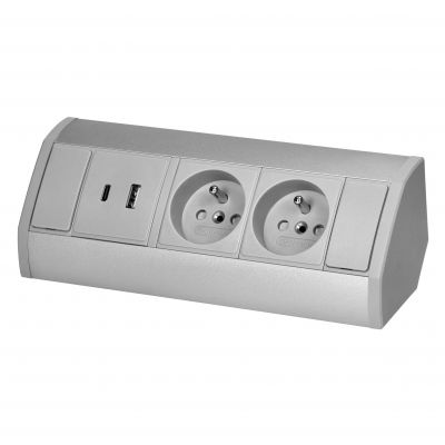 Gniazdo meblowe 2x2P+Z, 2xUSB (typ A+C; 2,4A), szaro-srebrne (OR-GM-9039/G)