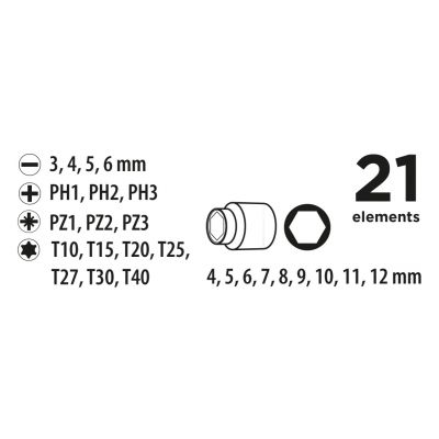 Końcówki wkrętakowe i nasadki z uchwytem, zestaw 21 szt 39D385 Top Tools (39D385)