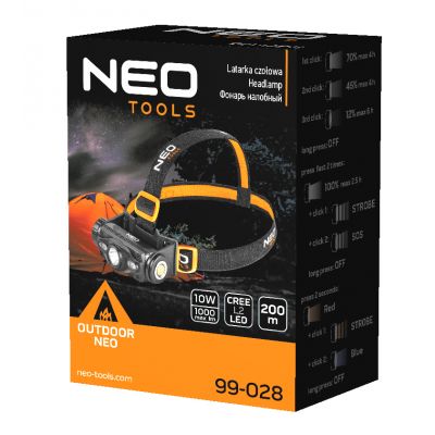 Latarka czołowa akumulatorowa USB 1000 lm czerwony/niebieski CREE LED + LED 99-028 NEO TOOLS (99-028)