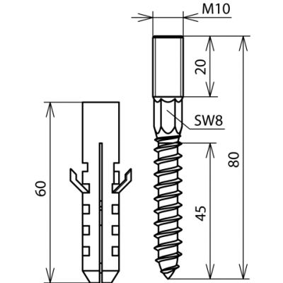 Zestaw montażowy z 2 śrubami M 10x220 mm, stal nierdzewna NIRO i 2 kołkami fi 12 mm (472202)