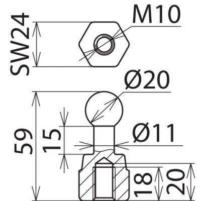 Kulowy punkt mocowania 20 mm, prosty, z gwintem wewnętrznym M10 (754205)