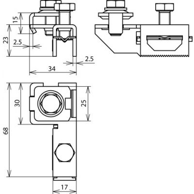 Zacisk do obejmy taśmowej z taśmą 25x0,3 mm, do drutu 10 mm lub 2x drut 6-8 mm lub 4-50 mm2 (540210)