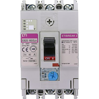 Wyłącznik mocy 3P 16kA wyzw. TM (regulacja termiczna) EB2S 160/3LA 40A 3P 004671880 ETI (004671880)