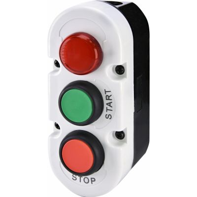 Kaseta szaro-czarna, 2 płaskie przyciski 1NO zielony, 1NC czerwony, lapka 240VAC czerwona START i STOP ESE3-V8 004771446 ETI (004771446)