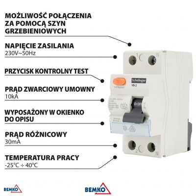 WYŁĄCZNIK RÓŻNICOWOPRĄDOWY A 2P 63A 30mA 10kA SCHELINGER (A03-V8-2-63-030)