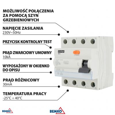 WYŁĄCZNIK RÓŻNICOWOPRĄDOWY A 4P 25A 30mA 10kA SCHELINGER (A03-V8-4-25-030)