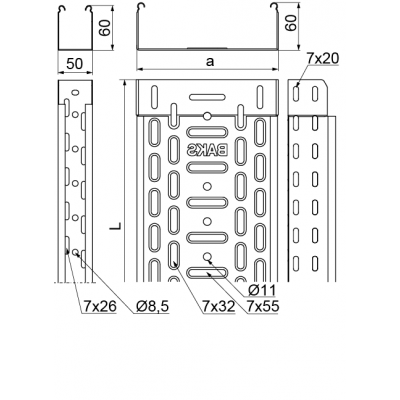 Korytko kablowe 200x60mm Grubość 1,00 mm 3mb KGJ/KGOJ200H60/3 161016 BAKS (161016)