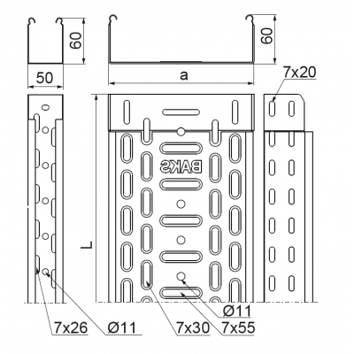 Korytko kablowe 150x60mm Grubość 0,50 mm 3mb KGR150H60/3 161616 BAKS (161616)