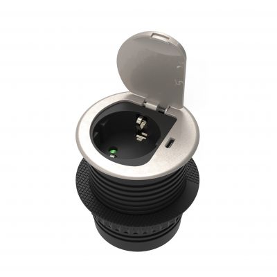 Gniazdo meblowe O6cm wpuszczane w blat z pokrywką, ładowarką USB i przewodem 1,9m, 1x2P+Z (Schuko), (OR-GM-9040(GS))