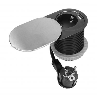 Gniazdo meblowe O6cm, wpuszczane w blat z przesuwną pokrywką, ładowarką USB i przewodem 1,9m, 1x2P+Z (OR-GM-9042(GS)/G)