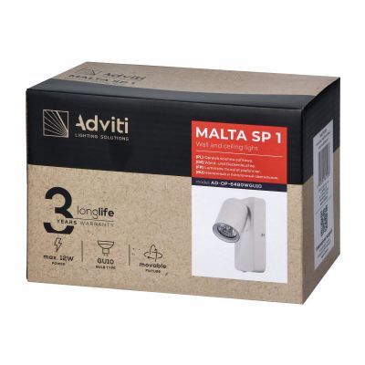 MALTA SP 1, oprawa ścienno-sufitowa, GU10 max. 12W, IP20, biała, prostokątna podstawa (AD-OP-6480WGU10)