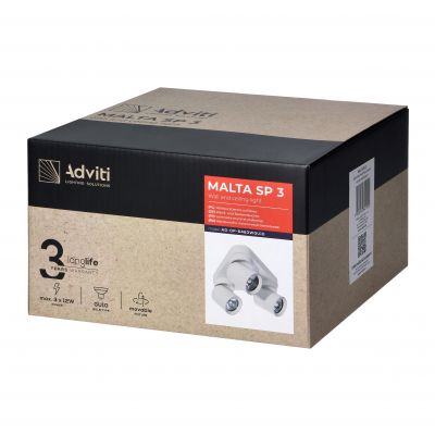 MALTA SP 3, oprawa ścienno-sufitowa, GU10 max. 3x12W, IP20, biała, trójkątna podstawa (AD-OP-6483WGU10)
