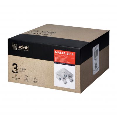 MALTA SP 4, oprawa ścienno-sufitowa, GU10 max. 4x12W, IP20, biała, kwadratowa podstawa (AD-OP-6486WGU10)