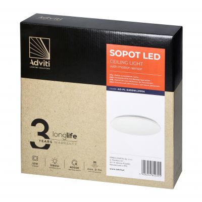 SOPOT plafon LED 12W z mikroflowym czujnikiem ruchu, 1190 lm, 4000K, klosz PVC, IP20 (AD-PL-6459WLZMM4)
