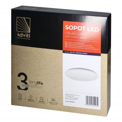 SOPOT plafon LED 24W z mikroflowym czujnikiem ruchu, 2565 lm, 4000K, klosz PVC, IP20 (AD-PL-6461WLZMM4)